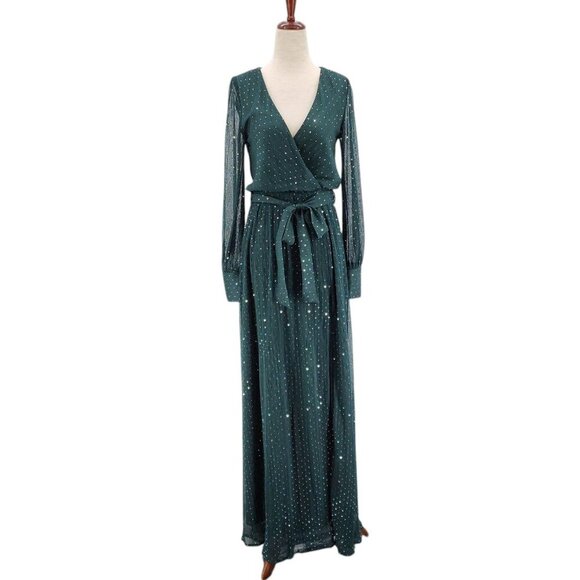 NWT Baltic Born Abigail Sparkle Gown Emerald Metallic Polka Dot Maxi Dress XS - Picture 1 of 14